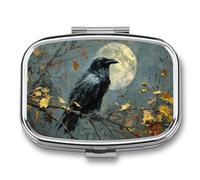 Pastillero de 2 compartimentos con diseño de cuervo sentado en una rama, organizador de pastillas de viaje para bolso de bolsillo