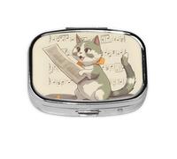 Pastillero de 2 compartimentos con diseño de gatos cantando con espejo, organizador de pastillas pequeño para bolso o bolsillo organizador de vitaminas