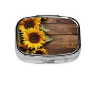 Pastillero de 2 compartimentos con diseño de girasol sobre tablero de madera con espejo, organizador de pastillas pequeño para bolso o bolsillo organizador de vitaminas