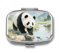 Pastillero de 2 compartimentos con diseño de panda juguetón, con espejo, impermeable, organizador de píldoras medicinales, 2 veces al día, contenedor portátil para bolso y bolsillo, rectangular, color