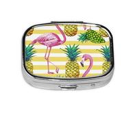 Pastillero de 2 compartimentos con diseño de piña y flamencos a rayas amarillas con espejo, organizador de pastillas pequeño para bolso o bolsillo organizador de vitaminas