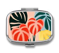 Pastillero de 2 compartimentos con diseño de plantas tropicales, boho, vintage, portátil, organizador de píldoras de viaje para bolso de bolsillo