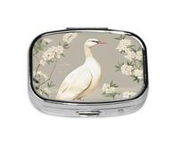 Pastillero de 2 compartimentos con diseño de rama de ganso blanco con espejo, organizador de pastillas pequeño para bolso o bolsillo organizador de vitaminas