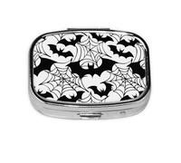 Pastillero de 2 compartimentos con diseño de telaraña, murciélago, para Halloween, con espejo, organizador de pastillas pequeño para bolso o bolsillo organizador de vitaminas