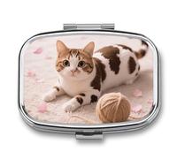 Pastillero de 2 compartimentos con diseño de vaca y gato, pastillero de viaje con espejo, impermeable, organizador de píldoras medicinales 2 veces al día, contenedor portátil para bolso y bolsillo