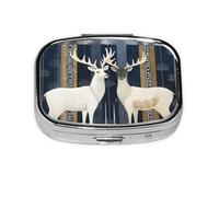 Pastillero de 2 compartimentos con diseño geométrico de ciervos y tribu con espejo, organizador de pastillas pequeño para bolso o bolsillo organizador de vitaminas