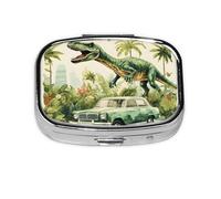 Pastillero de 2 compartimentos con diseño retro de velociraptor de selva con espejo, organizador de pastillas pequeño para bolso o bolsillo organizador de vitaminas