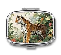 Pastillero de 2 compartimentos con estampado botánico de tigre con espejo, impermeable, organizador de pastillas medicinales 2 veces al día, contenedor portátil para bolso y bolsillo, rectangular