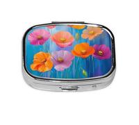 Pastillero de 2 compartimentos con estampado de amapolas de acuarela con espejo, organizador de pastillas pequeño para bolso o bolsillo organizador de vitaminas