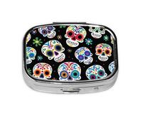 Pastillero de 2 compartimentos con estampado de calavera de colores con espejo, organizador de pastillas pequeño para bolso o bolsillo organizador de vitaminas
