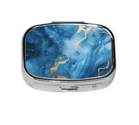 Pastillero de 2 compartimentos con estampado líquido de mármol azul con espejo, organizador de pastillas pequeño para bolso o bolsillo organizador de vitaminas