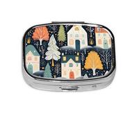 Pastillero de 2 compartimentos con ilustración de cabaña de árbol de invierno con espejo, organizador de pastillas pequeño para bolso o bolsillo organizador de vitaminas