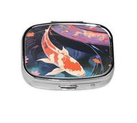 Pastillero de 2 compartimentos con ilustración de peces koi japoneses con espejo, organizador de pastillas pequeño para bolso o bolsillo organizador de vitaminas