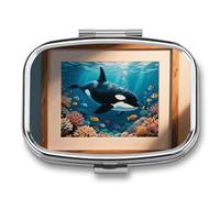 Pastillero de 2 compartimentos con patrón de orcas y ballenas asesinas, pastillero de viaje con espejo, impermeable, organizador de píldoras medicinales 2 veces al día, contenedor portátil para bolso
