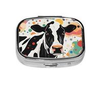 Pastillero de 2 compartimentos de colores con diseño de vaca manchada con espejo, organizador de pastillas pequeño para bolso o bolsillo organizador de vitaminas