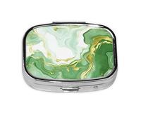 Pastillero de 2 compartimentos de mármol verde dorado con espejo, organizador de pastillas pequeño para bolso o bolsillo organizador de vitaminas