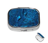 Pastillero de 2 compartimentos, mini pastillero azul para notas musicales, pastillero para bolso, impermeable, contenedor de píldoras de metal decorativo, organizador de pastillas para viajes o uso
