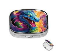 Pastillero de 2 compartimentos, mini pastillero colorido de dragones, pastillero para bolso, impermeable, contenedor de píldoras de metal decorativo, organizador de pastillas para viajes o uso diario