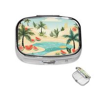 Pastillero de 2 compartimentos, mini pastillero con patrón de sandía junto al mar, pastillero para bolsillo, impermeable, contenedor de píldoras de metal decorativo, organizador de píldoras de