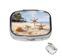 Pastillero de 2 compartimentos, mini pastillero con temática de playa, pastillero para bolso, impermeable, contenedor de píldoras de metal decorativo, organizador de pastillas para viajes o uso diario