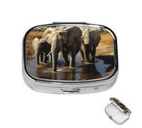 Pastillero de 2 compartimentos, mini pastillero de elefantes, agua potable, para bolso, impermeable, contenedor de píldoras de metal decorativo, organizador de pastillas para viajes o uso diario