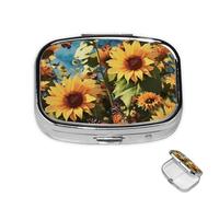 Pastillero de 2 compartimentos, mini pastillero de girasoles y mariposas, pastillero para bolso, impermeable, de metal, organizador de píldoras decorativas para viajes o uso diario