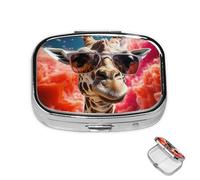 Pastillero de 2 compartimentos, mini pastillero de jirafa con gafas de sol, pastillero para bolso, bolsillo impermeable, contenedor de píldoras de metal decorativo, organizador de píldoras de medicina