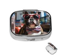 Pastillero de 2 compartimentos, mini pastillero de medicina, bulldog francés, con gafas de sol, pastillero para bolso, bolsillo impermeable, contenedor de píldoras de metal decorativo, organizador de