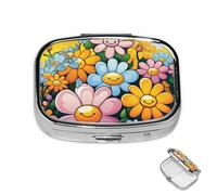 Pastillero de 2 compartimentos, mini pastillero de medicina de dibujos animados con flores lindas para bolso, bolsillo impermeable, contenedor de píldoras de metal decorativo, organizador de píldoras