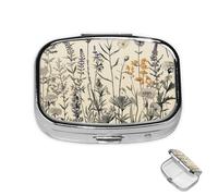 Pastillero de 2 compartimentos, mini pastillero de medicina floral con grabado botánico para bolsillo de bolso, contenedor de píldoras de metal impermeable, organizador de píldoras de medicina
