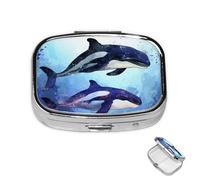 Pastillero de 2 compartimentos, mini pastillero de orca, pastillero de orca, para bolsillo, impermeable, de metal, organizador de píldoras decorativas para viajes o uso diario