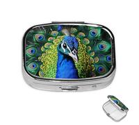 Pastillero de 2 compartimentos, mini pastillero de pavo real azul, pastillero para bolso, impermeable, contenedor de píldoras de metal decorativo, organizador de pastillas para viajes o uso diario