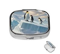 Pastillero de 2 compartimentos, mini pastillero de pingüinos en el iceberg para bolsillo de bolso, contenedor de píldoras de metal impermeable, organizador de píldoras de medicina decorativo para