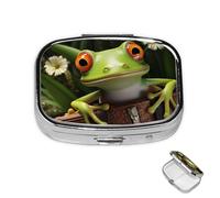 Pastillero de 2 compartimentos, mini pastillero de rana para bolsillo de bolso, contenedor de metal impermeable, organizador de pastillas de medicina decorativo para viajes o uso diario