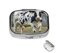 Pastillero de 2 compartimentos, mini pastillero de vaca manchada para bolso, impermeable, contenedor de píldoras de metal decorativo, organizador de pastillas para viajes o uso diario