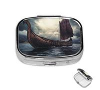 Pastillero de 2 compartimentos, mini pastillero de vikingos para barco, pastillero para bolso, impermeable, contenedor de píldoras de metal decorativo, organizador de pastillas para viajes o uso