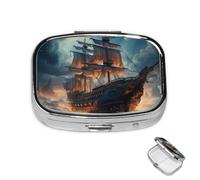 Pastillero de 2 compartimentos, mini pastillero para medicina, barco pirata, pastillero para bolso, impermeable, contenedor de píldoras de metal decorativo, organizador de pastillas para viajes o uso