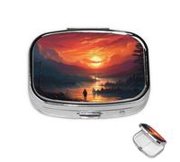 Pastillero de 2 compartimentos, mini pastillero para medicina, diseño de atardecer, para bolsillo, impermeable, de metal, organizador de pastillas para medicamentos decorativos, para viajes o uso
