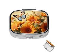Pastillero de 2 compartimentos, mini pastillero para medicinas, bonito girasol y mariposa, para bolso, impermeable, de metal, organizador de pastillas de medicina decorativo para viajes o uso diario