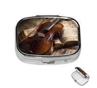 Pastillero de 2 compartimentos, mini pastillero para violín y libro, pastillero para bolso, impermeable, contenedor de píldoras de metal decorativo, organizador de pastillas para viajes o uso diario