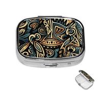 Pastillero de 2 compartimentos, mini pastillero tribal abstracto para bolso, impermeable, pastillero de metal decorativo, organizador de pastillas para viajes o uso diario