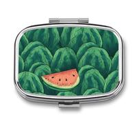 Pastillero de 2 compartimentos para medicamentos para bolsillo o bolso, mini pastillero de metal con patrón de sandía verde, organizador de pastillas, contenedor portátil de medicamentos de viaje para