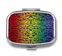 Pastillero de 2 compartimentos para medicamentos para bolsillo o bolso, mini pastillero de metal con patrón de arco iris, organizador de pastillas, contenedor portátil de medicamentos de viaje para