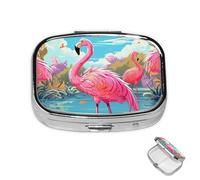 Pastillero de 2 compartimentos para medicamentos para bolsillo o bolso, mini pastillero de metal, organizador de píldoras de flamenco rosa, pájaro, contenedor portátil de medicamentos de viaje para