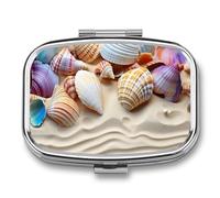 Pastillero de 2 compartimentos para medicamentos para bolsillo o bolso, mini pastillero de metal, organizador de píldoras de caracolas y conchas marinas, contenedor portátil de medicamentos de viaje