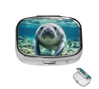 Pastillero de 2 compartimentos para medicamentos para bolsillo o bolso, mini pastillero de metal, organizador de píldoras de manatí de animales oceánicos, contenedor portátil de medicamentos de viaje