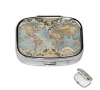 Pastillero de 2 compartimentos para medicamentos para bolsillo o bolso, mini pastillero de metal, organizador de píldoras vintage con mapa del viejo mundo, contenedor portátil para medicamentos de