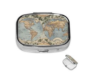 Pastillero de 2 compartimentos para medicamentos para bolsillo o bolso, mini pastillero de metal, organizador de píldoras vintage con mapa del viejo mundo, contenedor portátil para medicamentos de