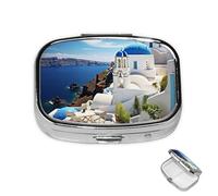 Pastillero de 2 compartimentos para medicamentos para bolsillo o bolso, mini pastillero de metal Santorini, isla griega, vista al mar, organizador de píldoras, contenedor portátil de medicamentos de
