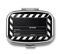Pastillero de 2 compartimentos para medicamentos para bolsillo o bolso, mini soporte de pastillas de metal clásico de película, organizador de píldoras negro, contenedor portátil de medicamentos de